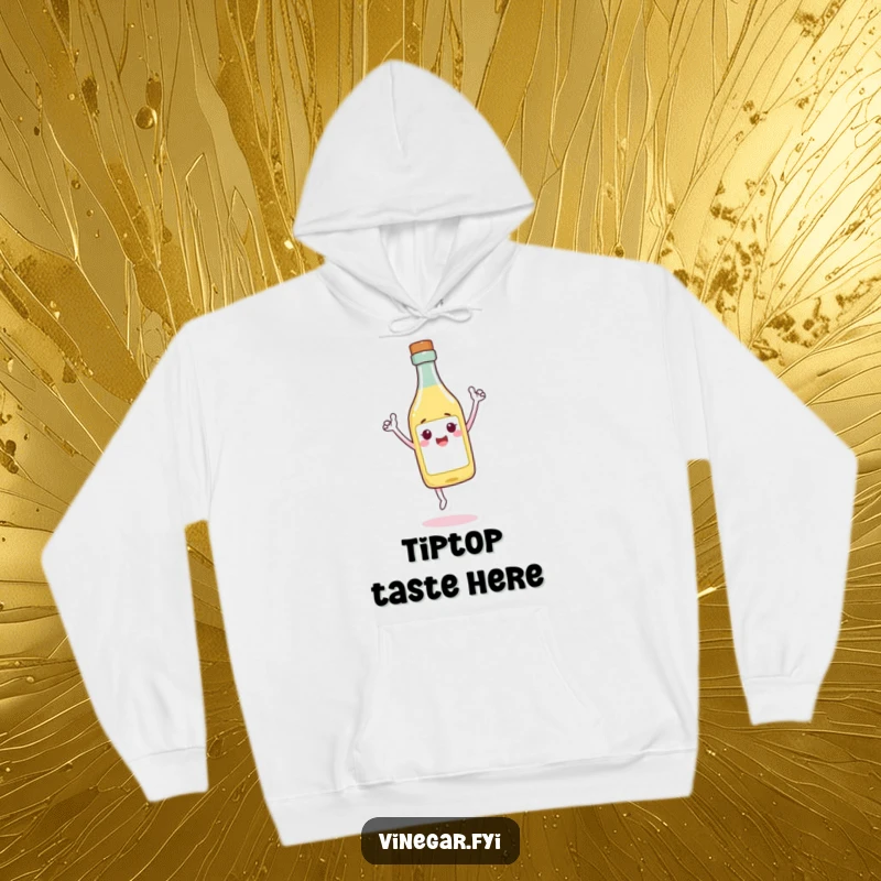 Funny Hoodie featuring a cheerful vinegar bottle character balancing on its tip with a triumphant smile, symbolizing resilience and fun.