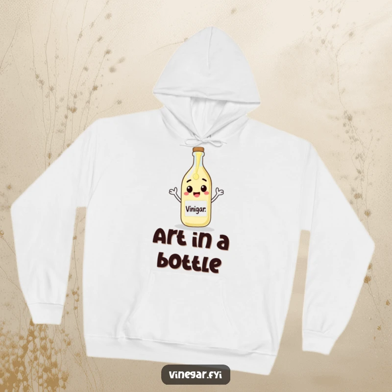 Funny hoodie featuring a cheerful vinegar bottle pouring itself onto a blank canvas, offering comfort and artistic humor.