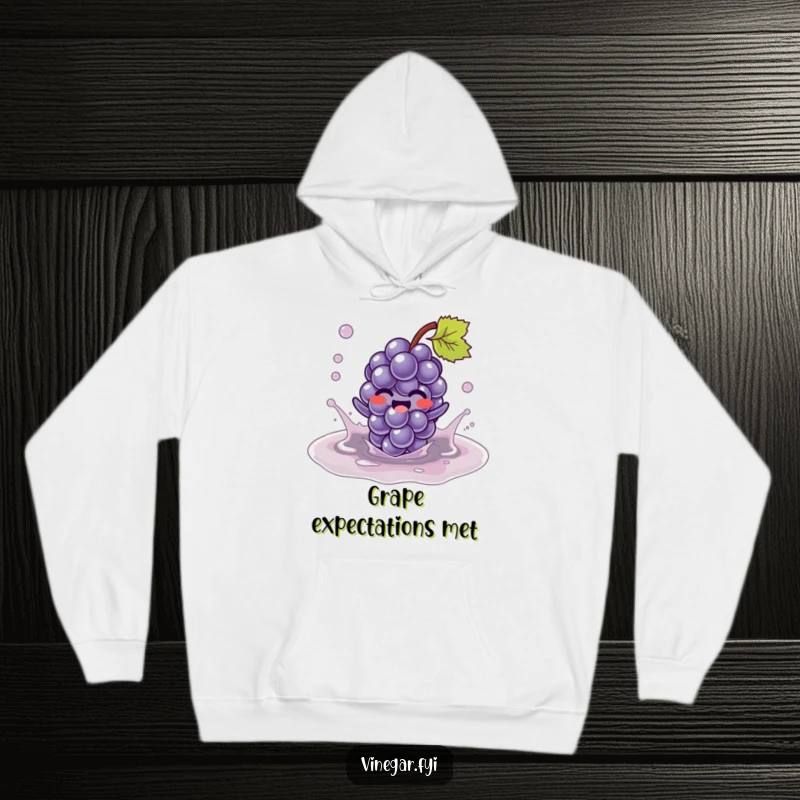 Funny Kawaii grape character, giggling uncontrollably, splashing in a puddle of vinegar on this warm and humorous hoodie. Cozy fun.