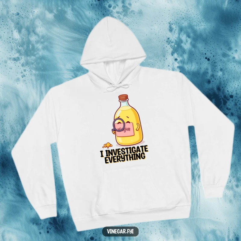 Funny hoodie featuring a curious vinegar bottle with a magnifying glass inspecting a crumb, providing warmth and intellectual humor.