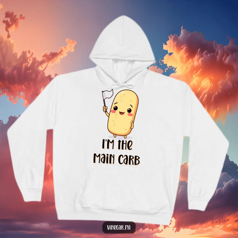 Funny hoodie depicting a smiling baguette holding and waving a small flag, designed for ultimate cozy enjoyment.