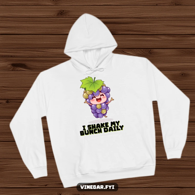 Funny grape bunch wearing a leaf hat, caught in a hilarious dance move, printed on a soft, warm hoodie.