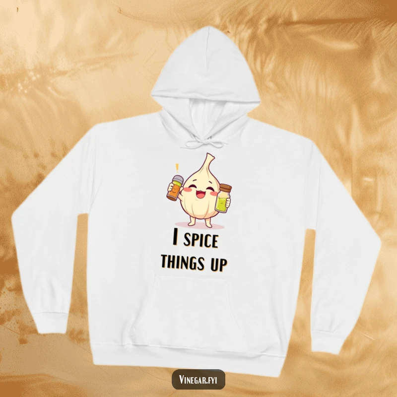 Funny giggling garlic clove character triumphantly holding a vinaigrette shaker, cozy funny hoodie perfect for gift.
