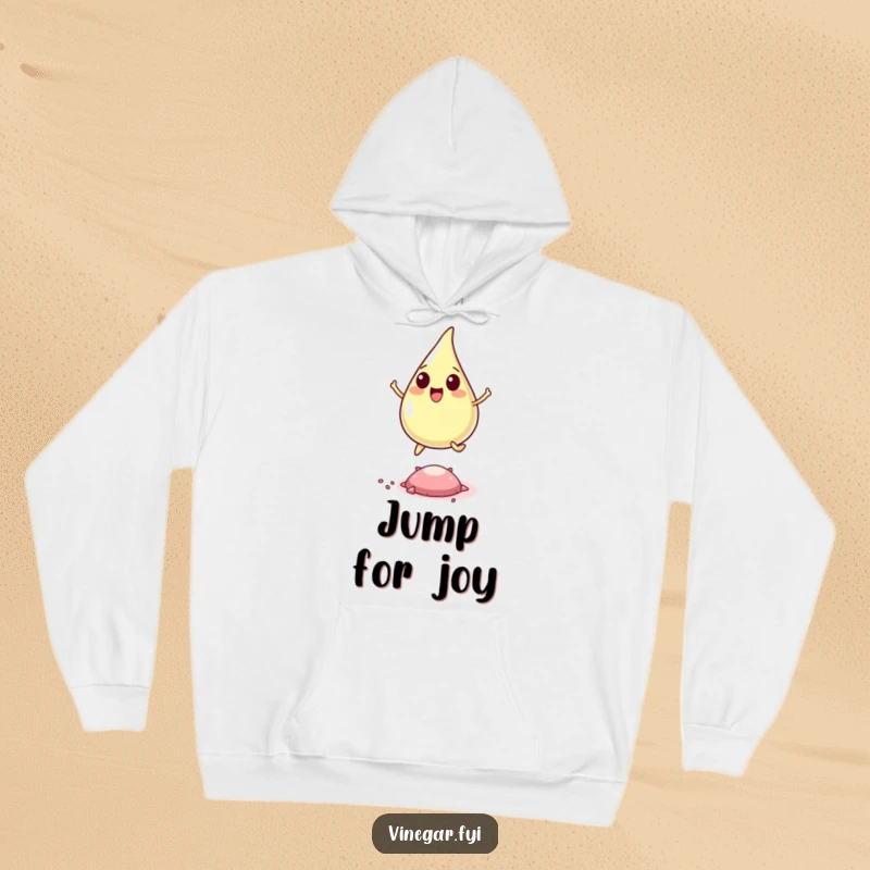 Funny hoodie showing a happy vinegar drop leaping over a pepper flake, offering warmth and whimsical humor for screen readers.
