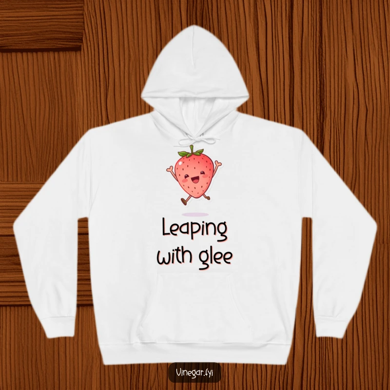 Funny hoodie with a kawaii strawberry leaping high, leaf askew, capturing a moment of pure, sweet, and energetic delight.