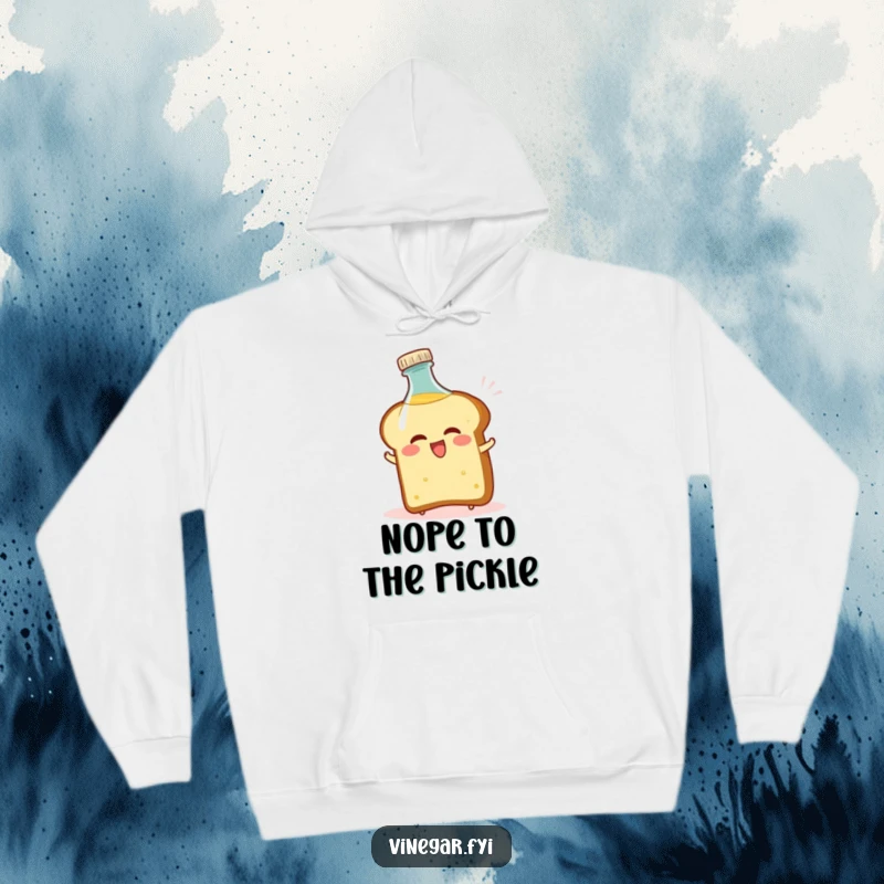Funny hoodie depicting a bread slice comically recoiling from a vinegar bottle, offering warmth and humor.