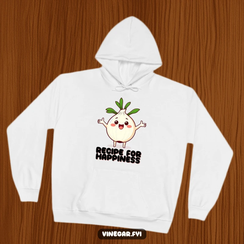 Funny Kawaii onion with arms spread wide, holding a recipe, printed on a warm and cozy hoodie.