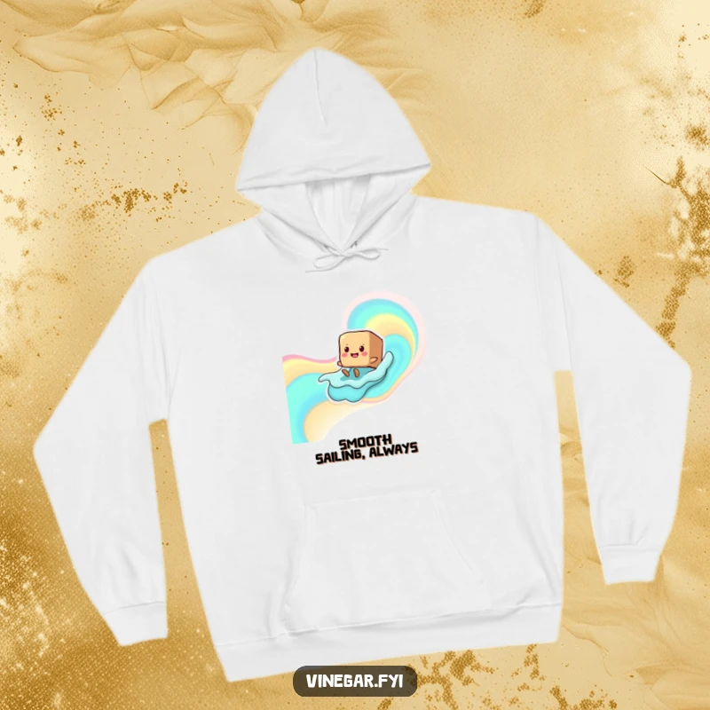Funny smiling brown sugar cube character with tiny legs sliding down a liquid wave, designed for comfort on a hoodie.