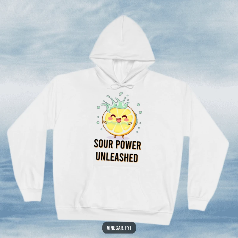 Funny happy lemon slice character playfully splashing vinegar on a soft hoodie, ideal funny gift.