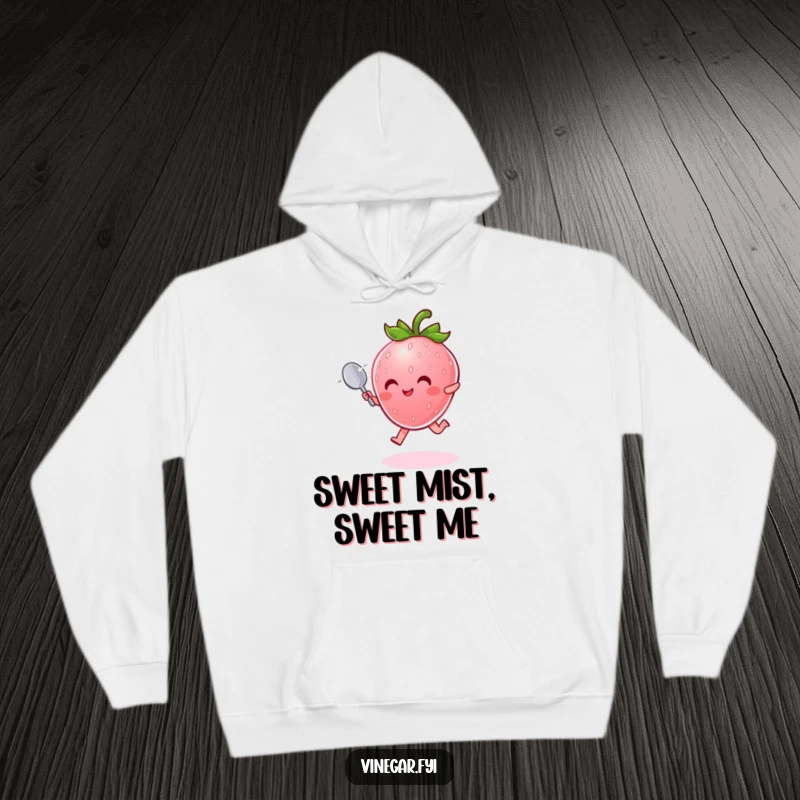 Funny Hoodie: Radiant pink strawberry character with a tiny spoon joyfully leaps through shimmering mist, cozy and cheerful.