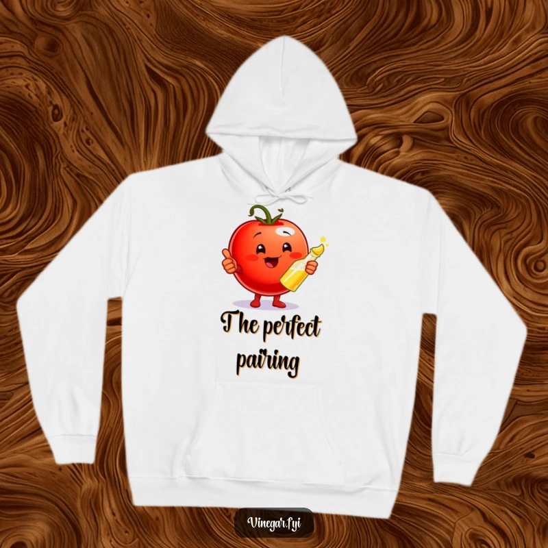 Funny Hoodie featuring a playful cherry tomato giving a thumbs up and holding a vinegar cruet, designed for ultimate comfort and culinary appreciation.