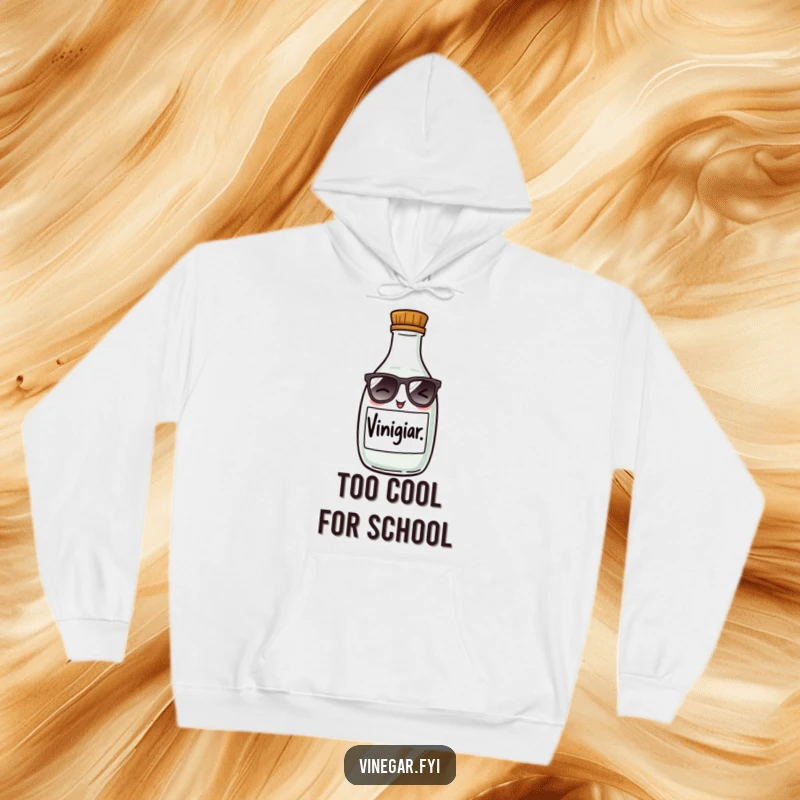 Funny hoodie featuring a playful vinegar bottle wearing tiny sunglasses and winking, offering warmth and humor for screen readers.