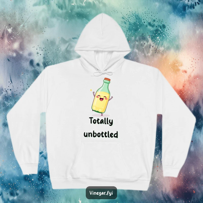 Funny, cozy vinegar bottle hoodie featuring a joyful, stylized bottle tipping itself over with pure glee.