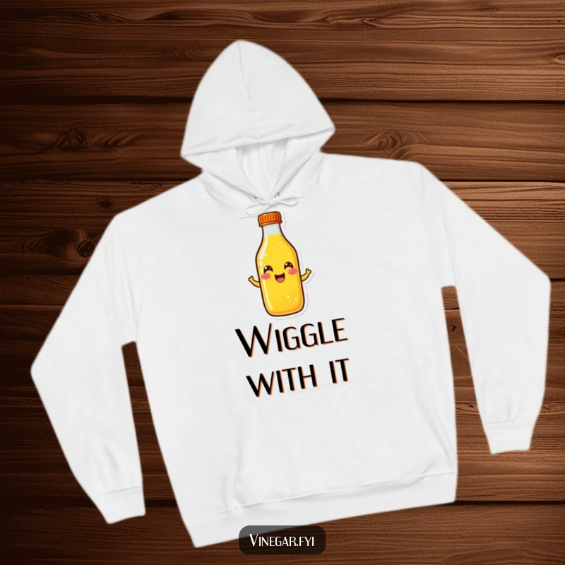 Funny yellow liquid bottle hoodie doing a cheerful wiggle, embodying pure happiness and comfort, an excellent funny gift choice.
