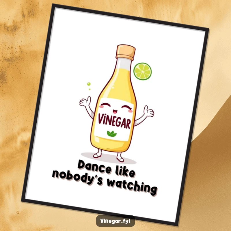 Funny free printable wall art: A winking vinegar bottle and a lime wedge are captured mid-silly dance.