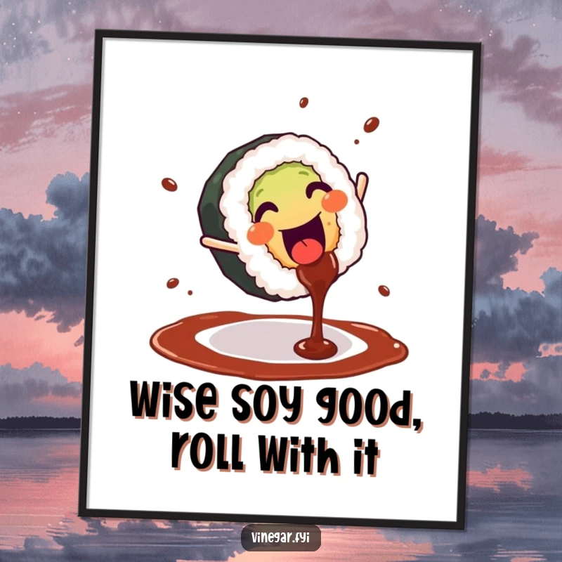 Funny Free Printable Wall Art: A cheerful sushi roll performs a cartwheel with soy sauce splashing, bringing quirky, energetic humor to your space.