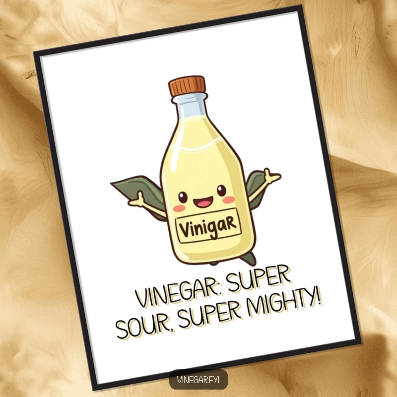 Funny Free Printable Hero Vinegar Wall Art, a smiling vinegar bottle wearing a red cape, flying bravely across a blue sky.