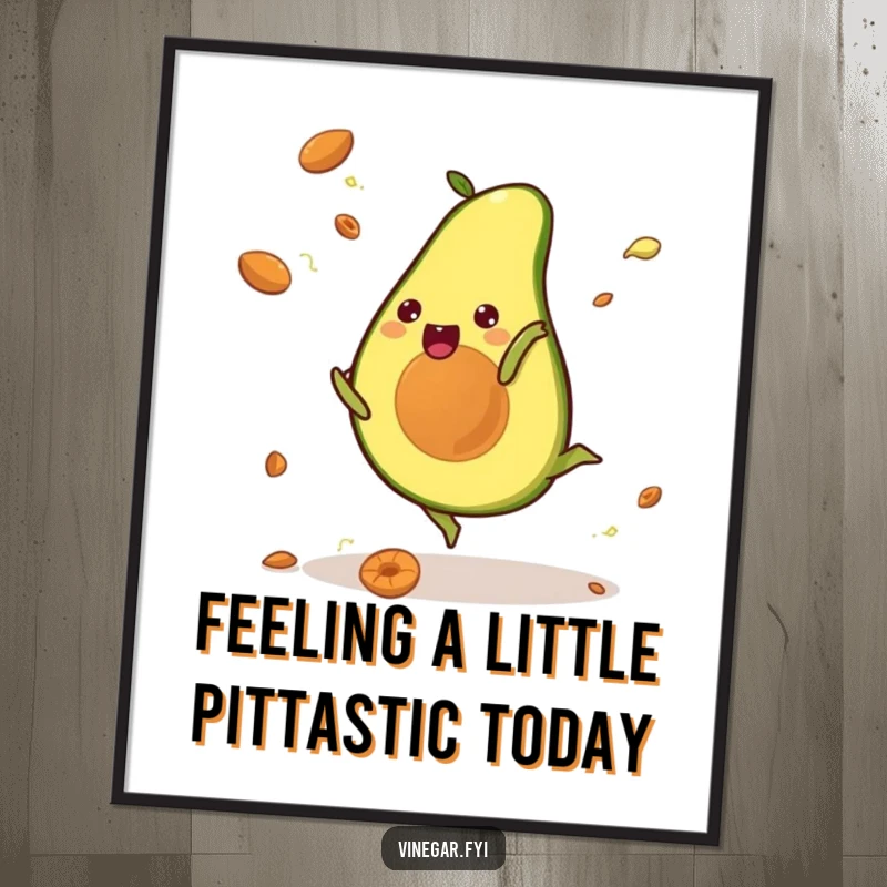 Funny Free Printable Wall Art: A kawaii avocado mid-cartwheel, pits scattered, bringing dynamic, humorous energy to your decor.