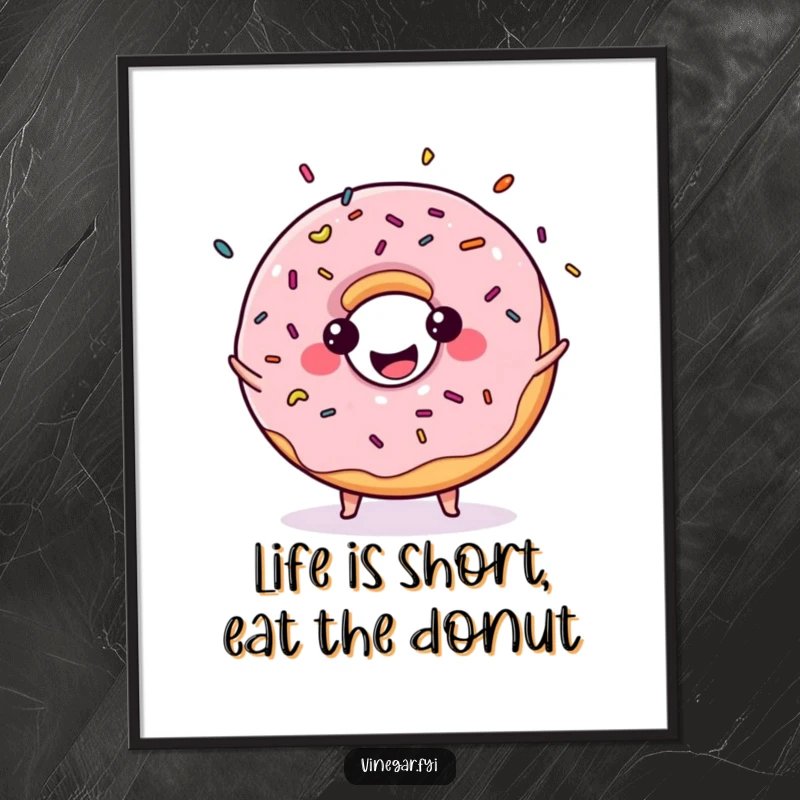 Funny Free Printable Wall Art: A kawaii donut with a huge smile, juggling colorful sprinkles, adding sweet, fun vibes to your decor.