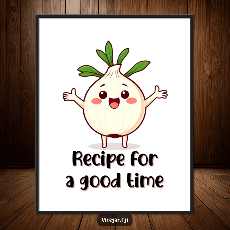 Funny Free Printable Wall Art: Excited Kawaii onion with arms spread wide, holding a recipe, bringing culinary charm to your walls.