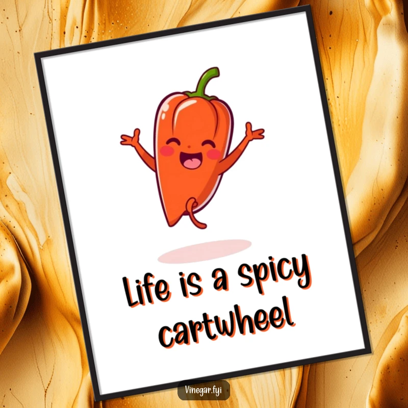 Funny Free Printable Wall Art: Joyful Kawaii pepper performing a cartwheel with extreme zest, adding vibrant energy to decor.