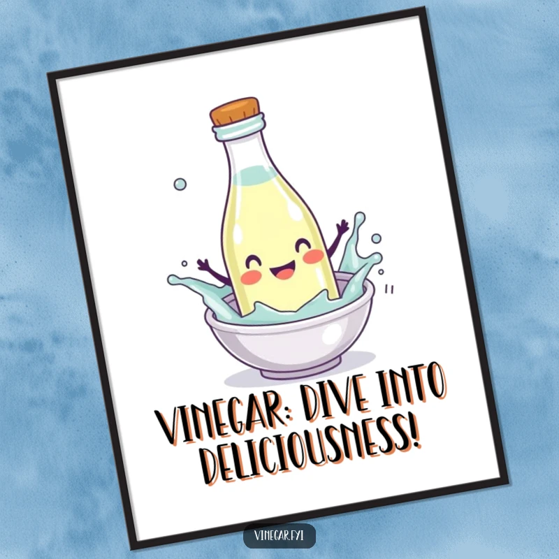 Funny Free Printable Splashing Vinegar Wall Art, a happy vinegar bottle character splashing with great enthusiasm into a tiny dish.