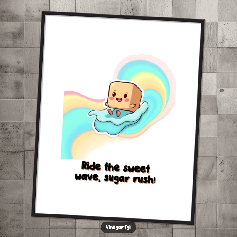 Funny Free Printable Wall Art of a smiling brown sugar cube character with tiny legs happily sliding down a colorful liquid wave, full of sugary fun.