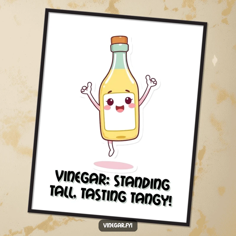 Funny Free Printable Triumphant Vinegar Wall Art, a vinegar bottle character standing perfectly balanced on its tip with a proud, cheerful expression.