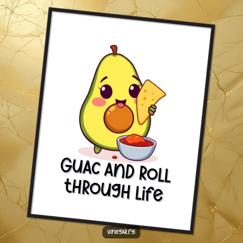 Funny Free Printable Wall Art: An amused avocado enthusiastically dips a tortilla chip into a bowl of salsa.