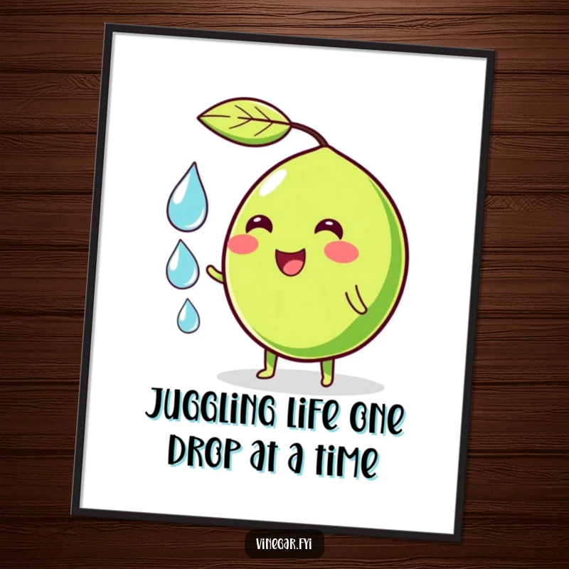 Funny Free Printable Wall Art: A wobbly green lime character with a cheerful smile juggles three translucent droplets, adding zest to decor.