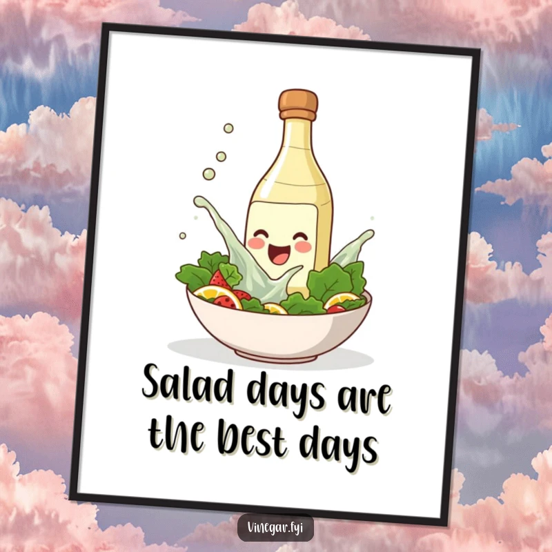 Funny Free Printable Wall Art: A smiling vinegar bottle joyfully splashing into a salad bowl. Whimsical kitchen art DIY.