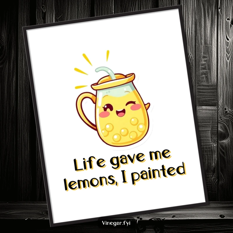 Funny Free Printable Wall Art: A radiant yellow lemonade pitcher character winks, pouring a clear stream, bringing cheer to any room.