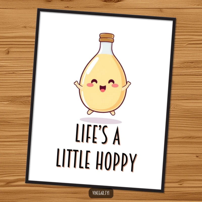 Funny Free Printable wall art of a happy, round vinegar bottle doing a little energetic hop, radiating joy.