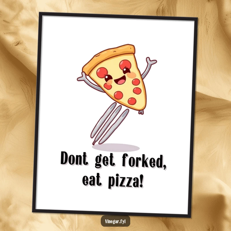 Funny Free Printable Wall Art: Smiling anthropomorphic pizza slice enthusiastically leaping over a giant fork.