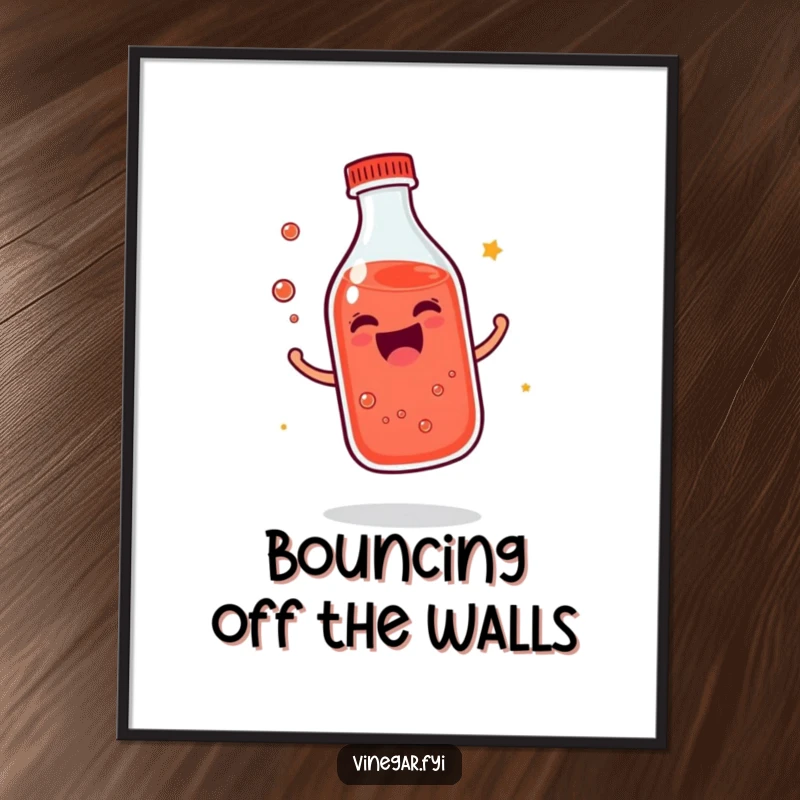 Funny Free Printable wall art of a giggling bottle of reddish liquid bouncing with infectious, contagious joy.