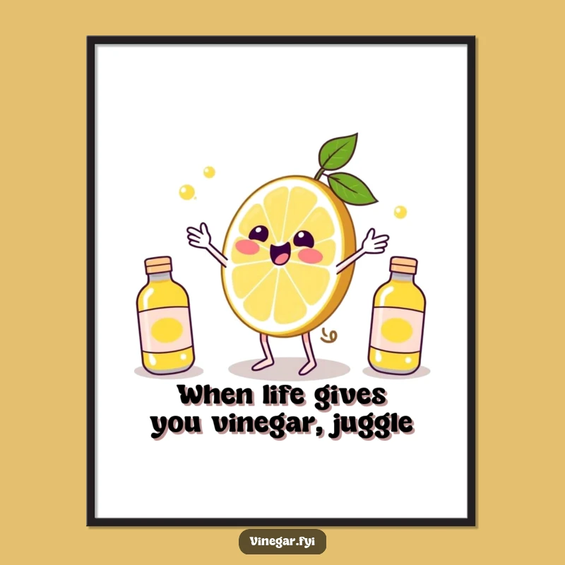 Funny Free Printable Wall Art: Kawaii Lemon Juggling Vinegar, Humorous Decor