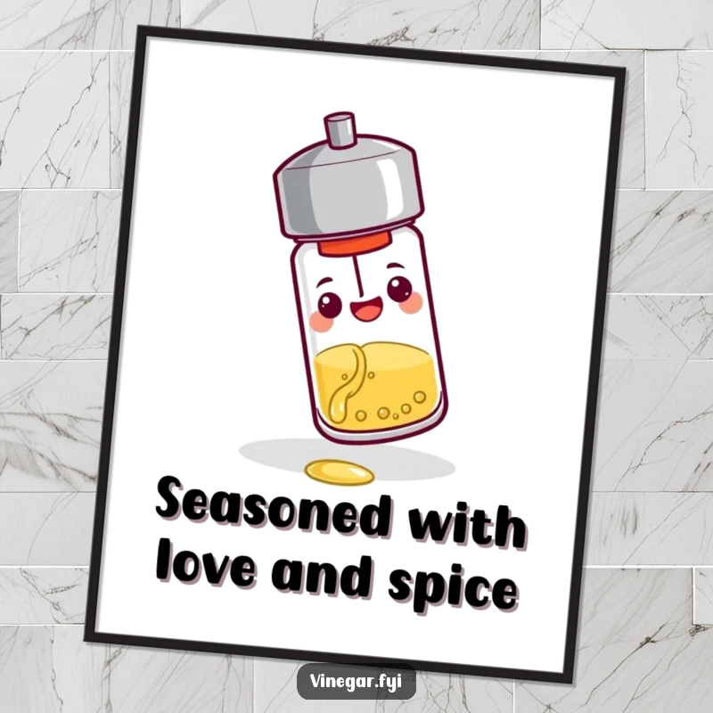 Funny free printable wall art: A cheerful pepper shaker tips over, dispensing a tiny stream of vinegar.