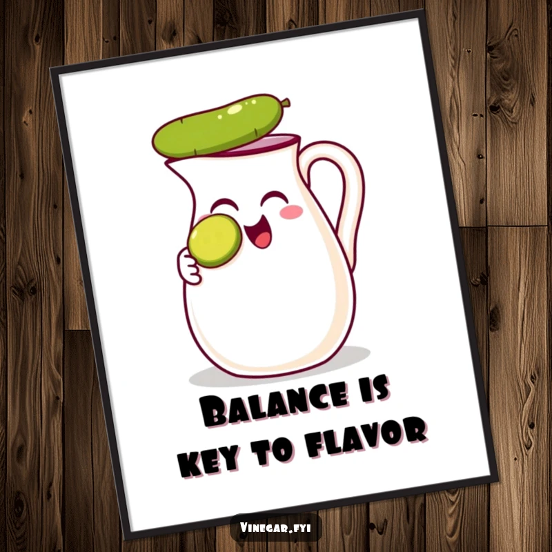 Funny Free Printable Wall Art: A thrilled vinegar jug joyfully balances a tiny slice of pickle on its nose.