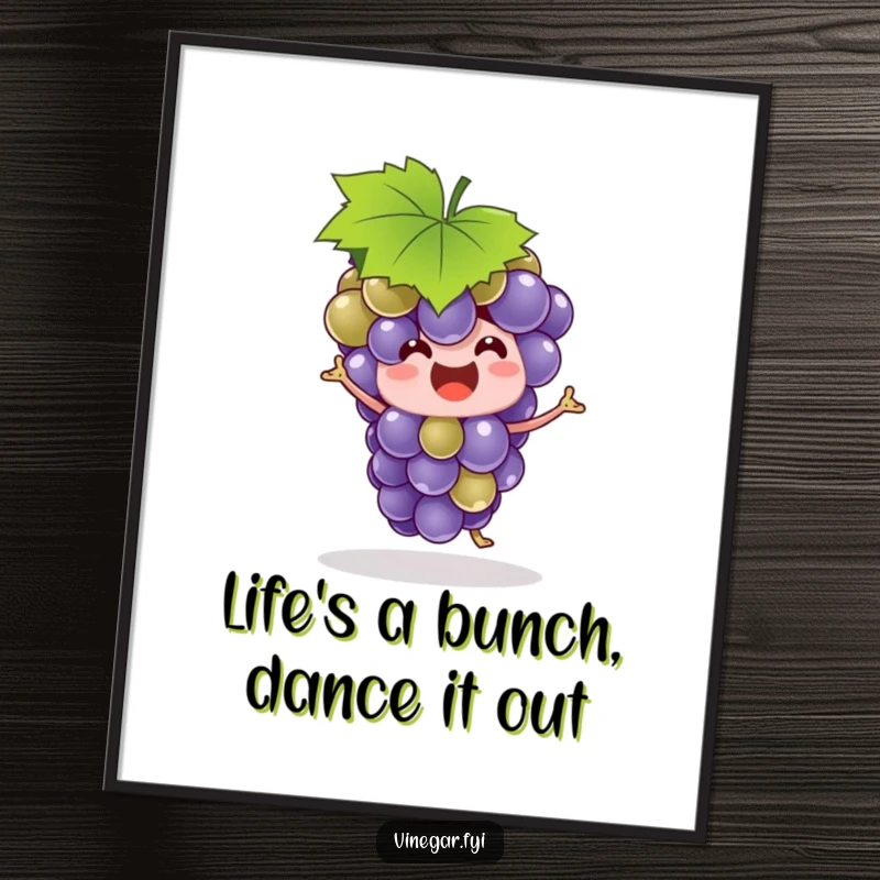 Funny Free Printable Wall Art: A delighted grape bunch dances gleefully with a leaf hat, bringing vibrant, humorous energy to any room.