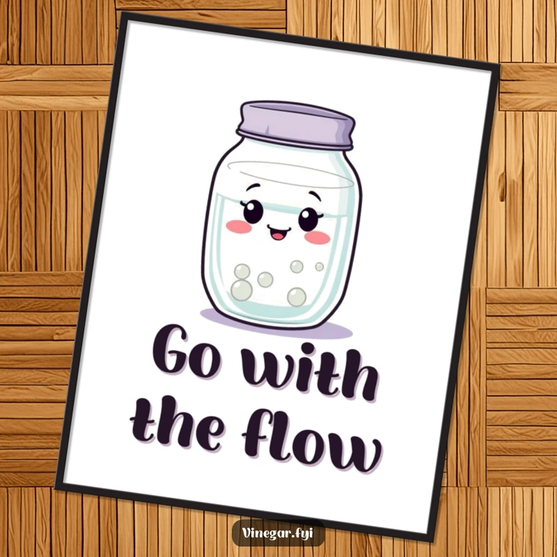 Funny Free Printable wall art of a wobbly jar of clear liquid swaying gently with a peaceful, content expression.