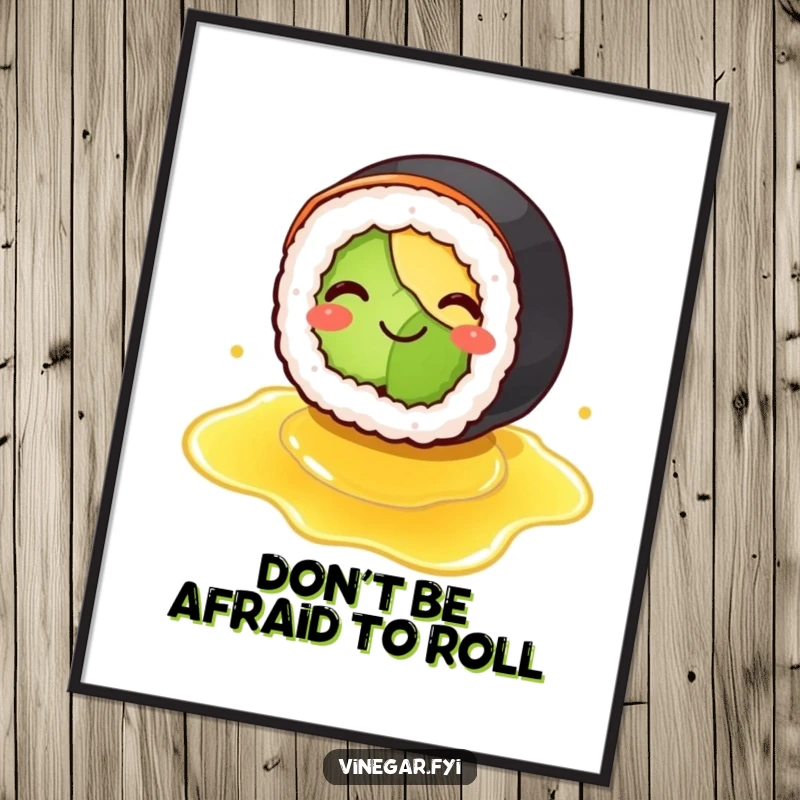 Funny Free Printable Wall Art: A smiling sushi roll comically slipping on spilled vinegar, slapstick humor, downloadable room decor.