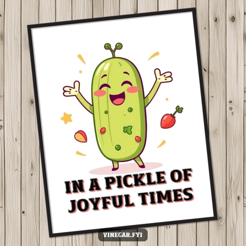 Funny Free Printable Wall Art: A happy pickle is caught mid-dance celebration with salad ingredients.