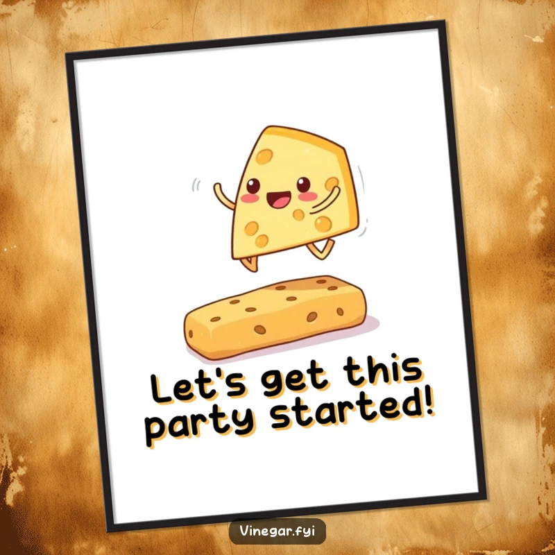 Funny Free Printable Wall Art: A cheerful cheese wedge playfully leaping over a cracker with great enthusiasm.