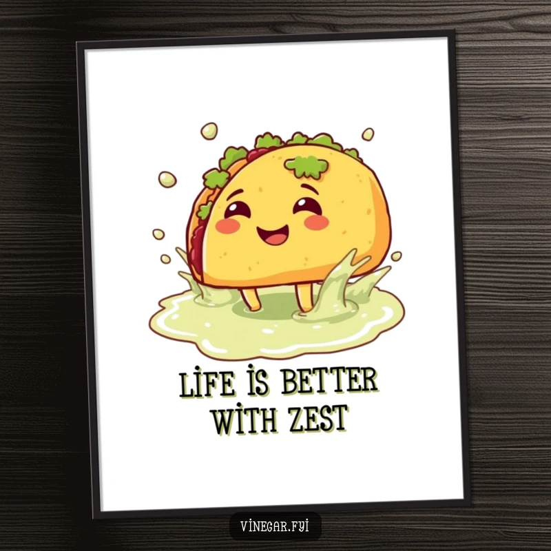 Funny free printable wall art: A smiling taco with legs joyfully splashes in a puddle of vinegar, embracing the fun.