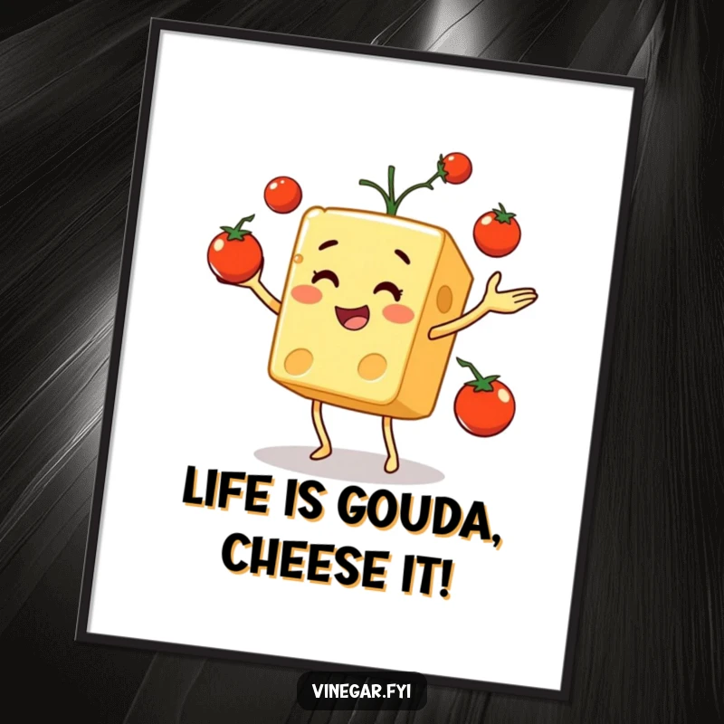 Funny Free Printable Wall Art depicting a cheerful cheese cube skillfully juggling bright red cherry tomatoes.