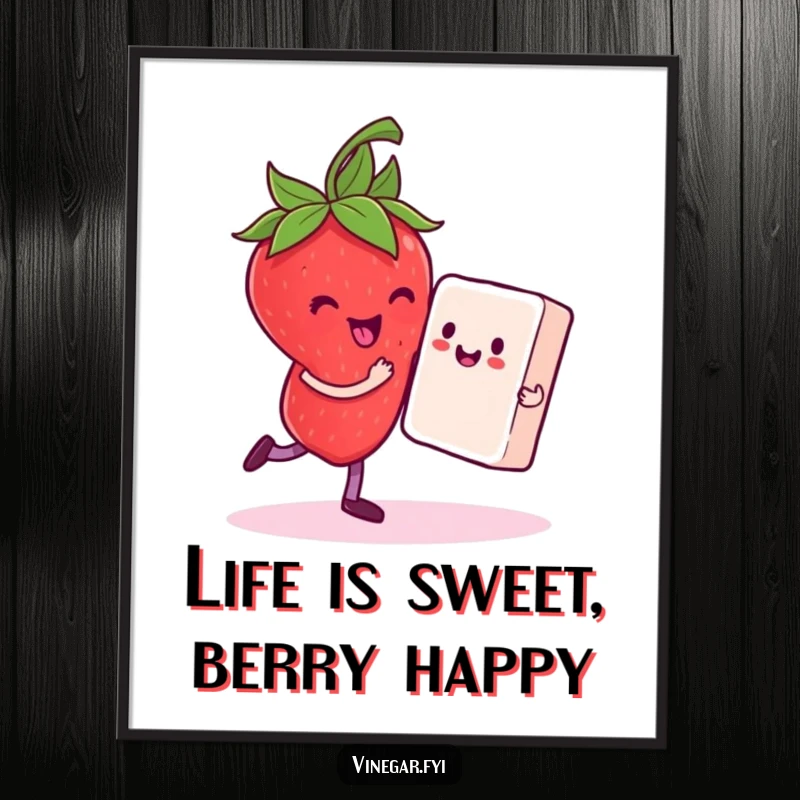 Funny Free Printable Wall Art: A delighted strawberry joyfully dances with a sugar cube partner, creating a sweet and humorous visual treat.