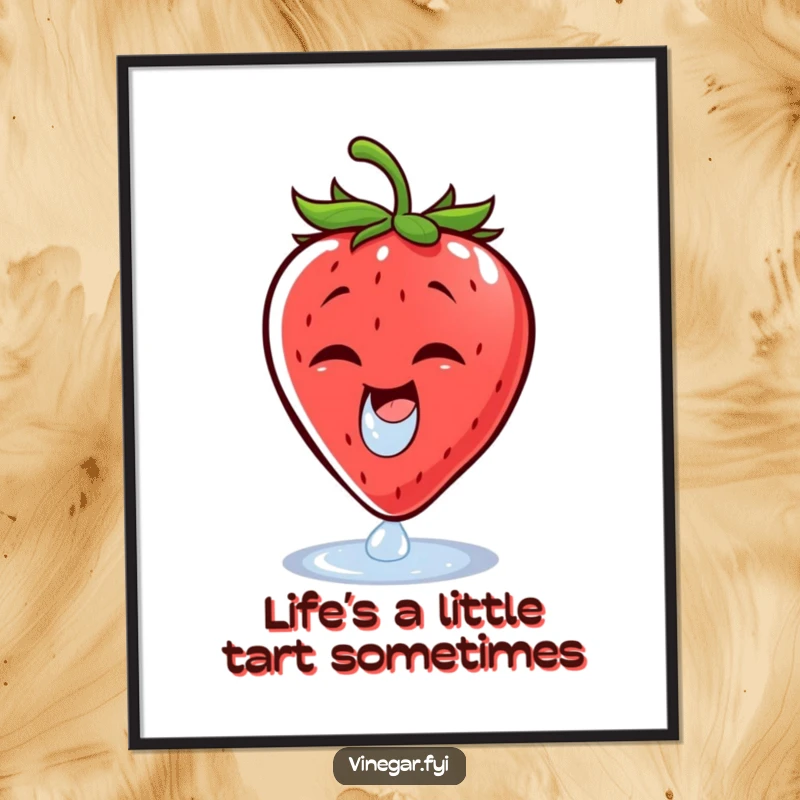 Funny Free Printable Wall Art: A cheerful strawberry wincing as a vinegar droplet lands, comical fruit reaction, downloadable room decor.