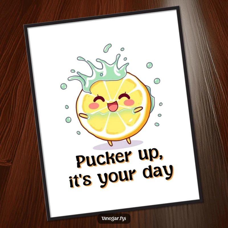Funny free printable wall art of a happy lemon slice character playfully splashing vinegar, bringing zesty humor to decor.