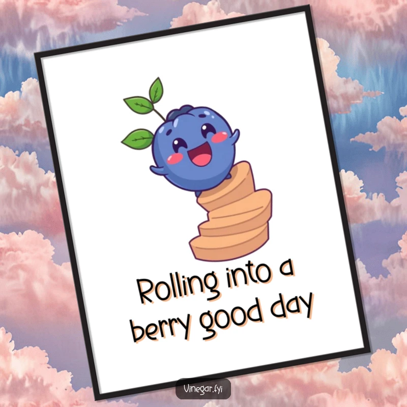 Funny Free Printable Wall Art: A surprised blueberry gleefully rolls down a spiral staircase.