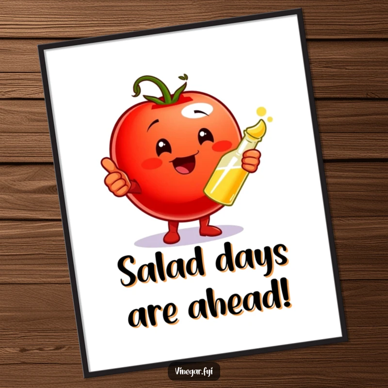 Funny Free Printable Wall Art: A playful cherry tomato character gives a thumbs up while holding a vinegar cruet, exuding zesty charm.